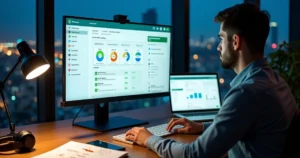 Profissional atendendo leads digitais em tela com CRM e WhatsApp abertos
